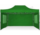 Carpa plegable 3x4,5 verde con telones laterales y ventanas. acero 40 mm. tejido recubierto de pvc impermeable, repelente al agua de 350gm