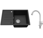 Fregadero encastrable de 1 seno con escurridor negro, cuarzo y resina, 65x45cm + grifo de cocina de agua fría, cepillado