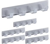 Percheros autoadhesivos 4 ganchos, set de 6, acero inoxidable, baño y cocina, 16 cm, colgador llaves, plateado
