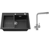 Fregadero de cuarzo y resina negro con escurridor y dispensador de jabón 60*45*20cm + mezclador de cocina para sistema de ósmosis