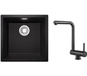 Fregadero de 1 seno de cuarzo y resina, 3 opciones de montaje, 45*44*20 cm + grifo de cocina monomando plegable negro