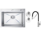 Fregadero de acero inoxidable fregadero de cocina de 1 seno fregadero de cocina cepillado de 50 × 45 cm + grifo mezclador de cocina flexible, 2 tipos