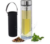 Relaxdays cantimplora 450ml con colador té, botella reutilizable, bebidas frías y calientes, funda, vidrio, transparente