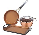San ignacio colección origen: set de cacerola con tapa de vidrio, con plancha asador/grill y sartén, aluminio forjado, aptas para inducción, cobre