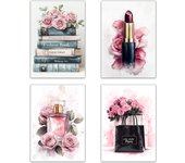 Set de 4 pósteres de maquillaje y cosmética impresión belleza flores bolso perfume lápiz labial para decorar paredes del tocador baño a3 sin marco