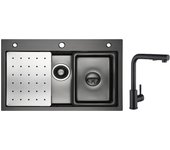 Cecipa max fregadero 1 seno 70×45 cm negro con escurridor, lavabo y dosificador de jabón + mezclador de cocina con ducha extraíble negro