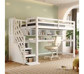Cama altillo de madera - 90x200 cm - con escalera de almacenamiento + escritorio + somier - blanco