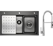 Fregadero cecipa max 1 seno 70×45cm con escurridor, lavabo y dosificador de jabón + batidora de cocina de resorte con 3 salidas de agua, cepillado