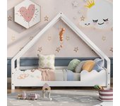 Cama infantil 90x200cm con protección anticaída, en madera maciza blanca