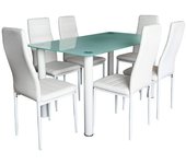 Mesa de cristal templado + 6 sillas polipiel. comedor o cocina, blanco