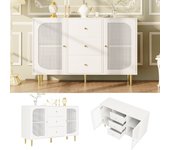Aparador bajo con 2 puertas y 3 cajones - 120 x 40 x 90 cm - madera mdf y ratán pe - patas de metal dorado - blanco
