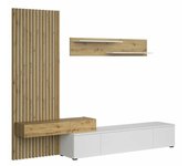 Conjunto de salón bryan 108, blanco, roble artisan, partes separadas, con mesa de tv, aglomerado laminado, 200x250x43cm
