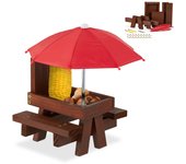 Relaxdays comedero de ardillas de madera, diy, mesa de pícnic con sombrilla, soporte mazorcas, colgante, marrón/rojo