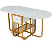 Mesa de comedor plegable y extensible, con almacenamiento, 3 formas (blanco + oro), de madera, 31 kg