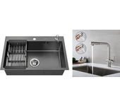 2 en 1 fregadero de cocina negro 68x45x19cm con distributor de jabón y escurridor cesta+grife cocina ducha extraíble dos jets giratorio