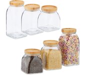 Botes cristal, set de 6, 600, 1000, 1400 ml, cereales, pasta, legumbres, tapa de bambú, transparente/natural