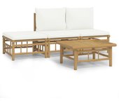 Set de muebles de jardín 4 piezas bambú y cojines blanco crema