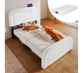 Cama infantil 90 x 200 cm con cabecero ajustable - usb + tipo c + led - tejido sherpa - blanco + colchón