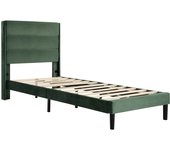 Cama capitonada 90 x 200 cm con somier de lamas y cabecero, revestimiento de terciopelo verde oscuro