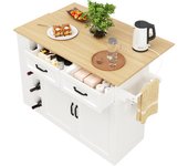 Isla central de cocina - carrito con ruedas y tomas - con plancha extensible - 2 puertas 2 cajones y bodega para vinos - blanco