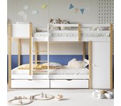 Litera infantil 90x200 cm, con escalera de 3 peldaños, 2 armarios, 2 cajones con ruedas, pino + mdf, blanco + natural