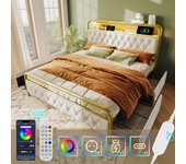 Cama tapizada 180 x 200 cm con 2 cajones y cabecero contenedor - tomas usb tipo c y led - terciopelo - blanco (sin colchón)