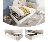 Cama con canapé 90 x 200 cm con cabecero y diván - terciopelo - somier de láminas - beige (sin colchón)