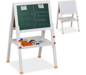 Relaxdays pizarra infantil caballete, altura regulable, magnética, rotuladores y tizas, 77x39x44,5 cm, madera, blanco