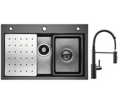 Fregadero cecipa max 1 seno 70×45cm negro con escurridor, lavabo y dosificador de jabón + mezclador de cocina de resorte negro con ducha extraíble