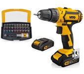 Taladro atornillador de 14,4v + 2 baterías de litio 2ah vito + juego de 32 puntas + cargador y maletín vitopropower