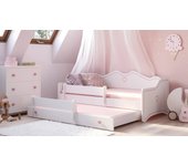 Cama individual para niños, sofá cama con una segunda cama nido, cama decorada con protección anticaídas, cm 164x88h70, color blanco y rosa