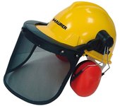Casco con visera, protector facial de rejilla y protector auditivo