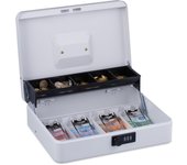 Relaxdays caja dinero, combinación 3 números, bandeja para monedas y 4 espacios para billetes, cajita efectivo, blanco