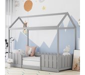 Cama-cabina para niños - 90 x 200 cm - madera maciza - barrera y somier - gris
