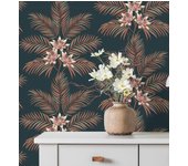 Papel pintado de hojas de palmera con flores estilo tropical color azul petróleo - malibu palms 682365 de gaulan - rollo de 10 m x 0,53 m