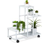Relaxdays estantería para plantas metálica, 4 niveles, mueble para macetas, repisas de flores, con ruedas, acero, blanco