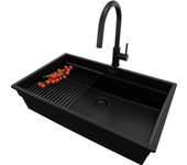 Primagran fregadero bajo encimera todo negro 76x47cm, fregadero granito 1 seno + sifón + accesorios, fregadero cocina al mueble 80cm - prague