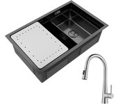 Cecipa max fregadero de 1 seno 70×44cm negro fregadero encastrable con escurridor y lavabo + grifo con ducha extraíble, 3 modos de salida de agua