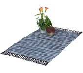 Relaxdays alfombra de algodón y piel con flecos, hecha a mano, decorativa, antideslizante, 60x100 cm, azul/gris