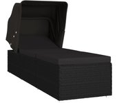 Tumbona de jardín | tumbona de exterior | silla con toldo y cojín de ratán sintético negro cfw601231
