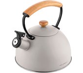 Tetera con silbato, hervidor de agua 2,3l, inducción, acero inox, vintage, mango madera, florina, gris, , wooden