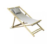 Tumbona de bambú y tela con cojín joyce para jardín y piscina, ajustable en gris tórtola.