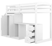 Cama loft, 90 x 200 cm, en madera de pino y mdf, con somier (sin colchón), incluye armario, escritorio
