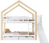 Cama litera para niños con tobogán y escalera recta de 3 peldaños, estilo casita