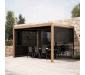 Pérgola bioclimática adosada de 3x4m y 3 persianas de madera gris ( 2 stores 2,66 x 2,4 m et 1 store 3,73 x 2,4 m ) - oviala