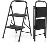 Escalera de 2 peldaños plegable con pedal antideslizante y mango, marco metálico, escalera portátil y ligera para casa, oficina, carga 150 kg