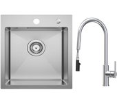 Fregadero de cocina 1 seno fregadero de acero inoxidable 40 × 45 cm fregadero encastrado cepillado + grifo de cocina monomando con ducha extraíble, 2