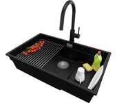 Primagran fregadero bajo encimera negro 76x47cm, fregadero granito 1 seno + sifón + accesorios, fregadero cocina al mueble 80cm - prague