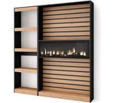 Librería estantería, 170x25x186cm, salón - comedor - oficina, chimenea eléctrica, roble y negro