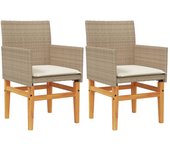 2 piezas sillas de jardín | silla de exterior | sillon jardín con cojín ratán pe beige y madera acacia cfw600556
